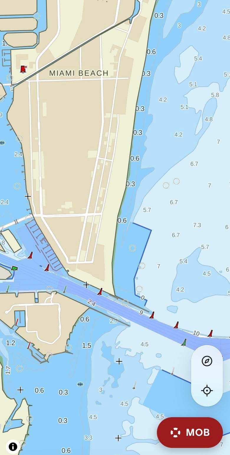 buoya chart of Miami: Government Cut between Miami Beach and Fisher Island, with red and green buoys along the channel and shallow banks either side
