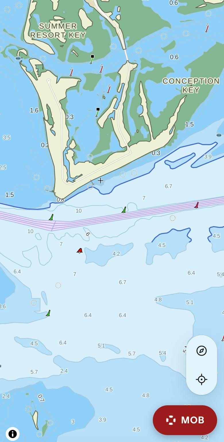 buoya chart at the mouth of Tampa Bay: the shipping channel as a violet band, mangrove keys in green and depth areas shading from pale to deeper blue