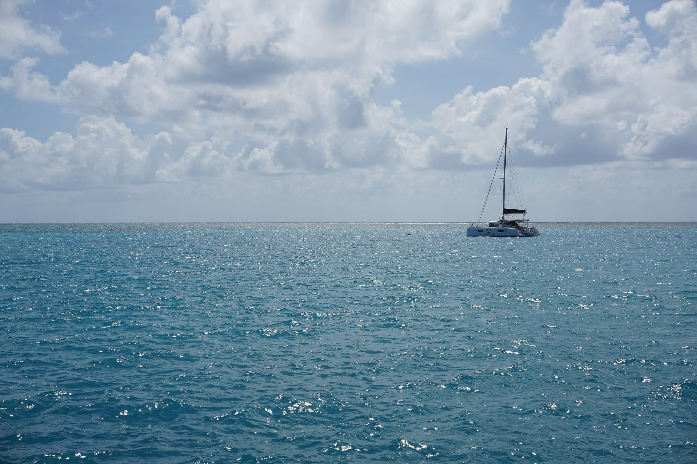 A catamaran with its sails down on open blue water at the Dry Tortugas, with towering white clouds